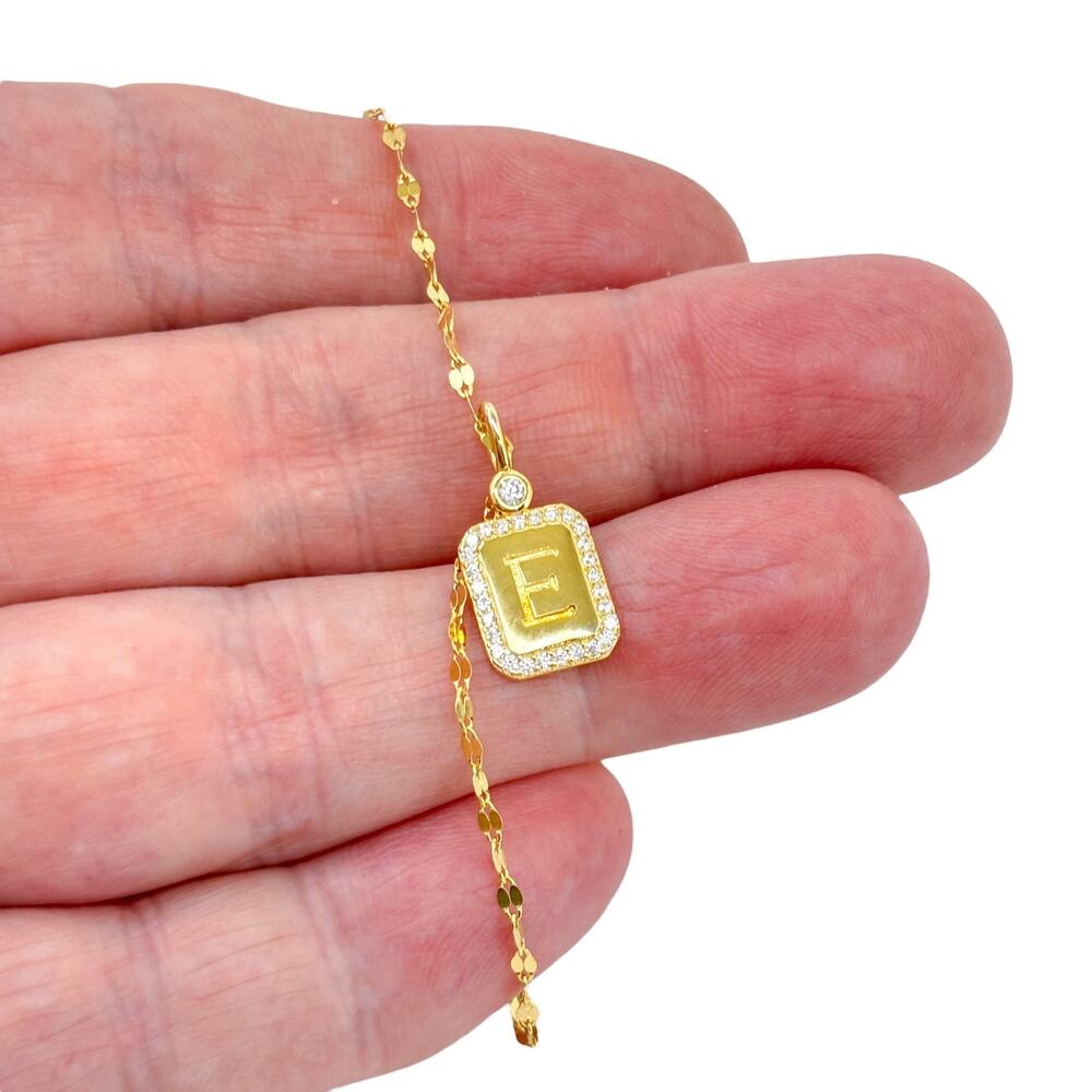 Gold-Tone Sterling Silver E Initial Cubic Zirconia Tinsel Chain Necklace 16"-18"